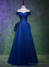 A-line Off Shoulder Blue Beaded and Lace Long Party Dress, Blue Formal Dress
